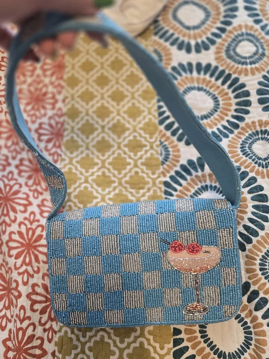 Anthropologie Blue Beaded Cherry Appliqué Shoulder Bag - Picture 3 of 6